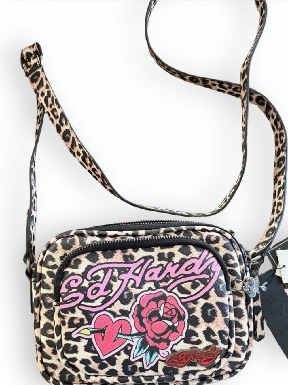 Ed Hardy Leopard Crossbody Bag with Pink Graphic